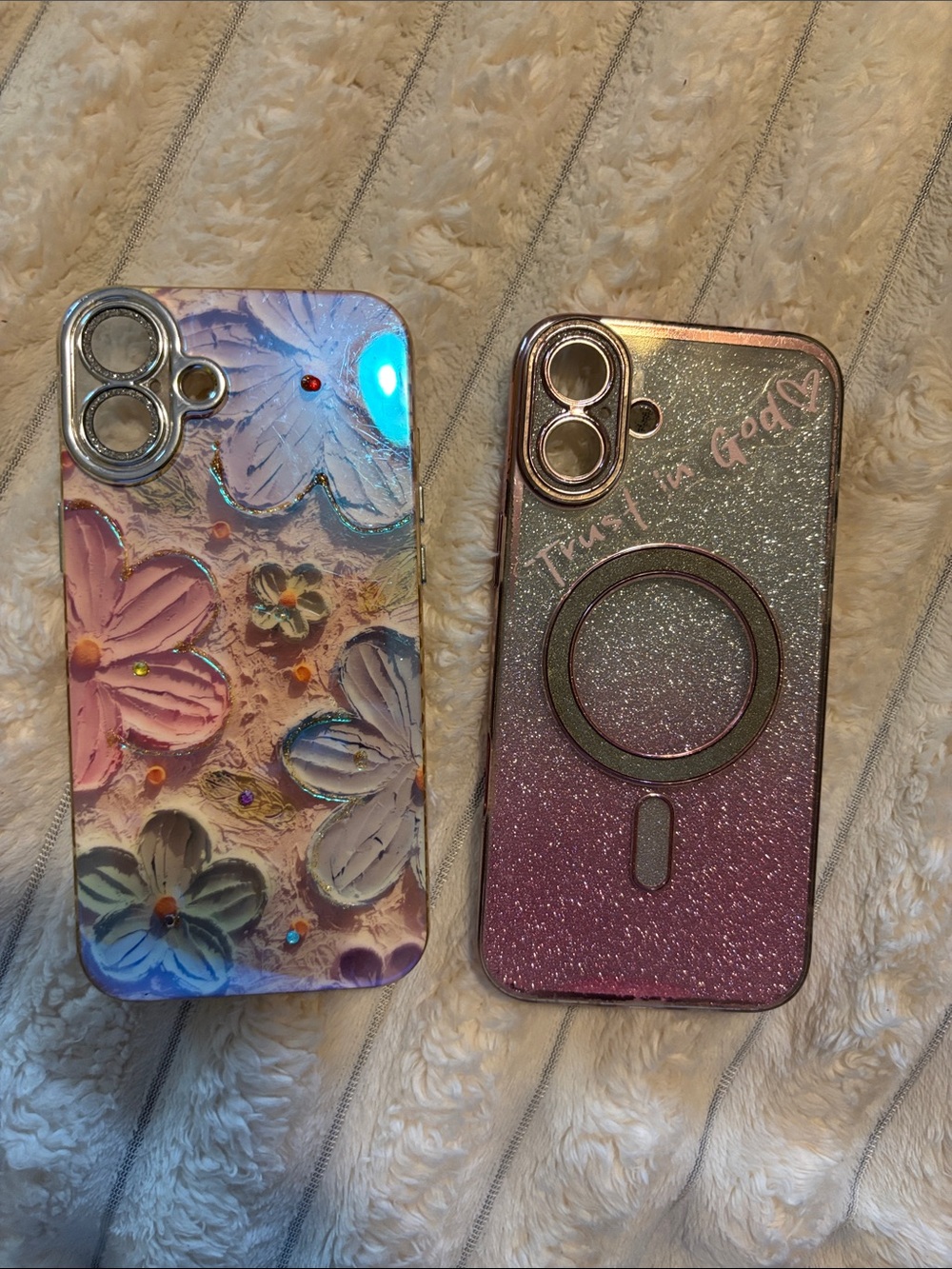 Apple Pink flowers & Glitter Magnetic Ring Phone Case with Floral Accent